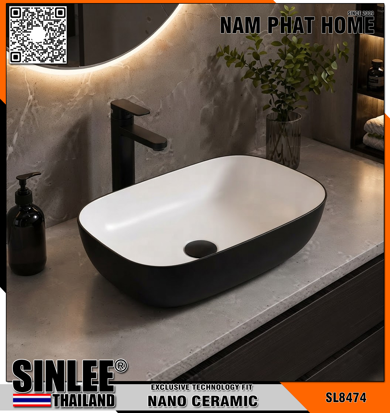 SL8474 – LAVABO ĐẶT BÀN SINLEE VUÔNG ĐEN – 450x320x130mm