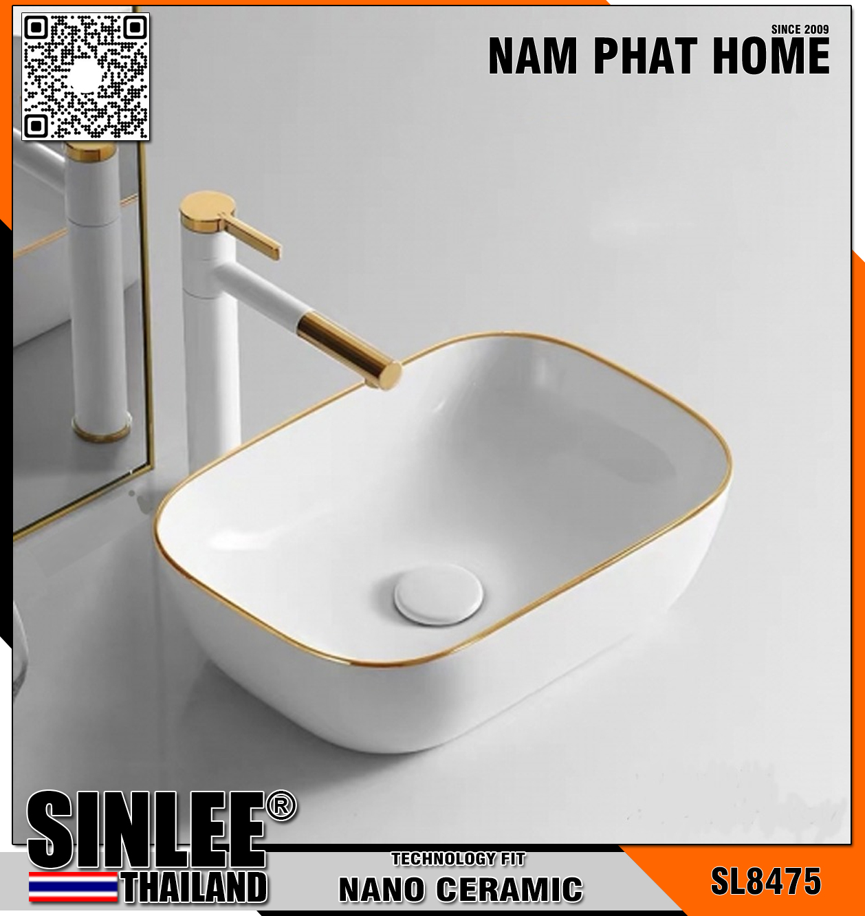 SL8475 – LAVABO ĐẶT BÀN SINLEE VUÔNG VIỀN VÀNG HỒNG – 465x320x135mm