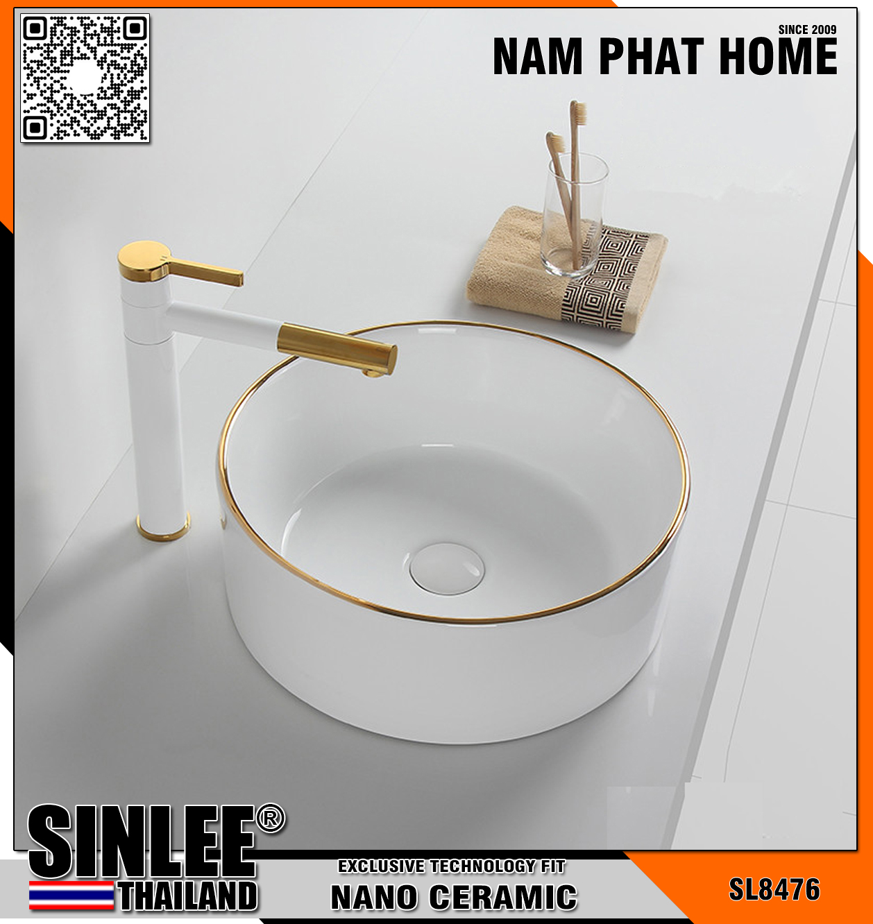 SL8476 – LAVABO ĐẶT BÀN SINLEE TRÒN VIỀN VÀNG HỒNG – 420x420x140mm