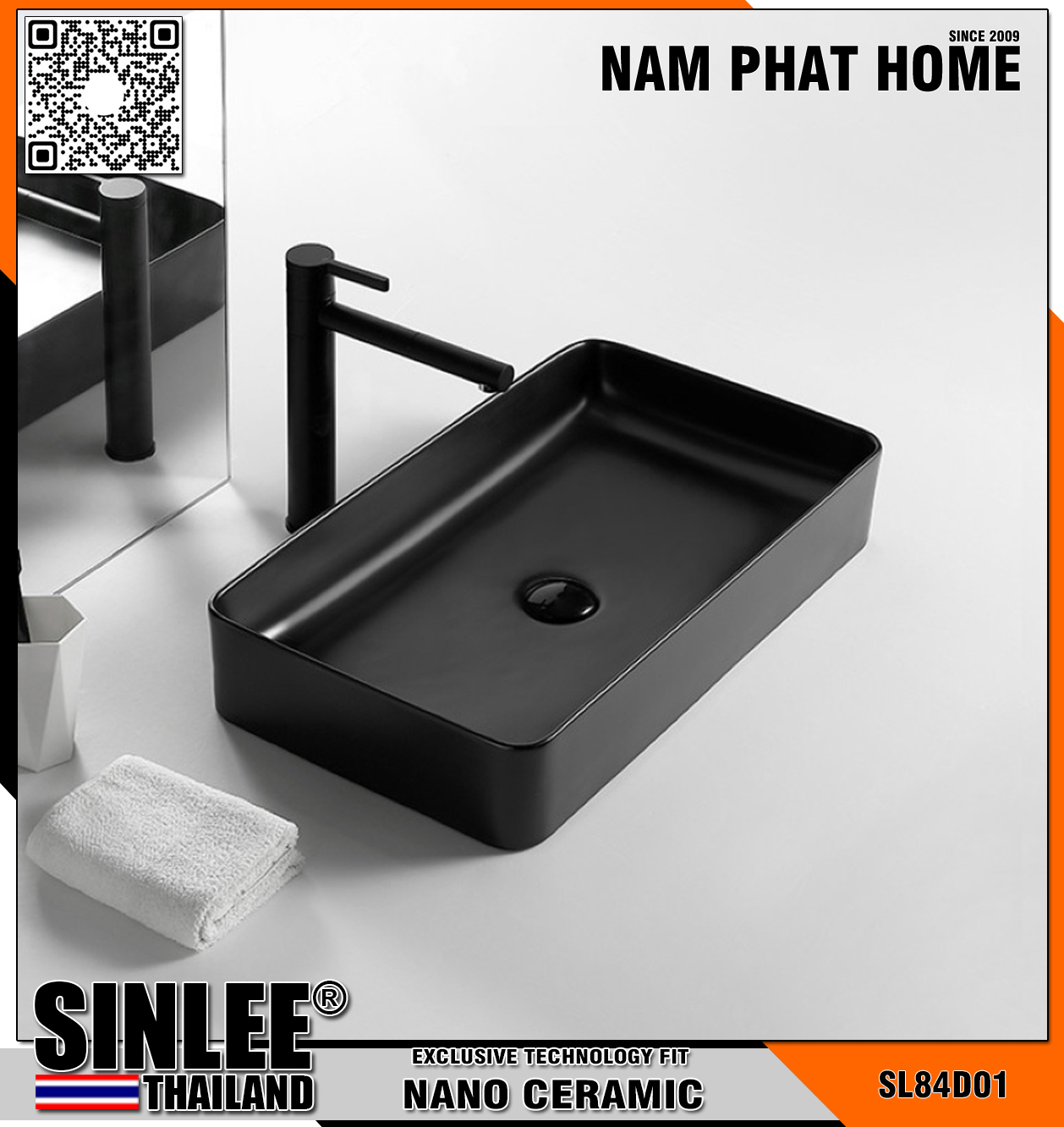 SL84D01 – LAVABO SỨ ĐẶT BÀN CHỮ NHẬT FULL ĐEN MẠ PVD - SIZE 605x350x110mm