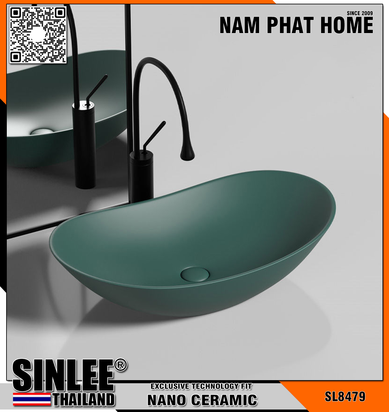 SL8479 – LAVABO SỨ ĐẶT BÀN ĐỘC LẬP XANH 620X370X130mm SINLEE