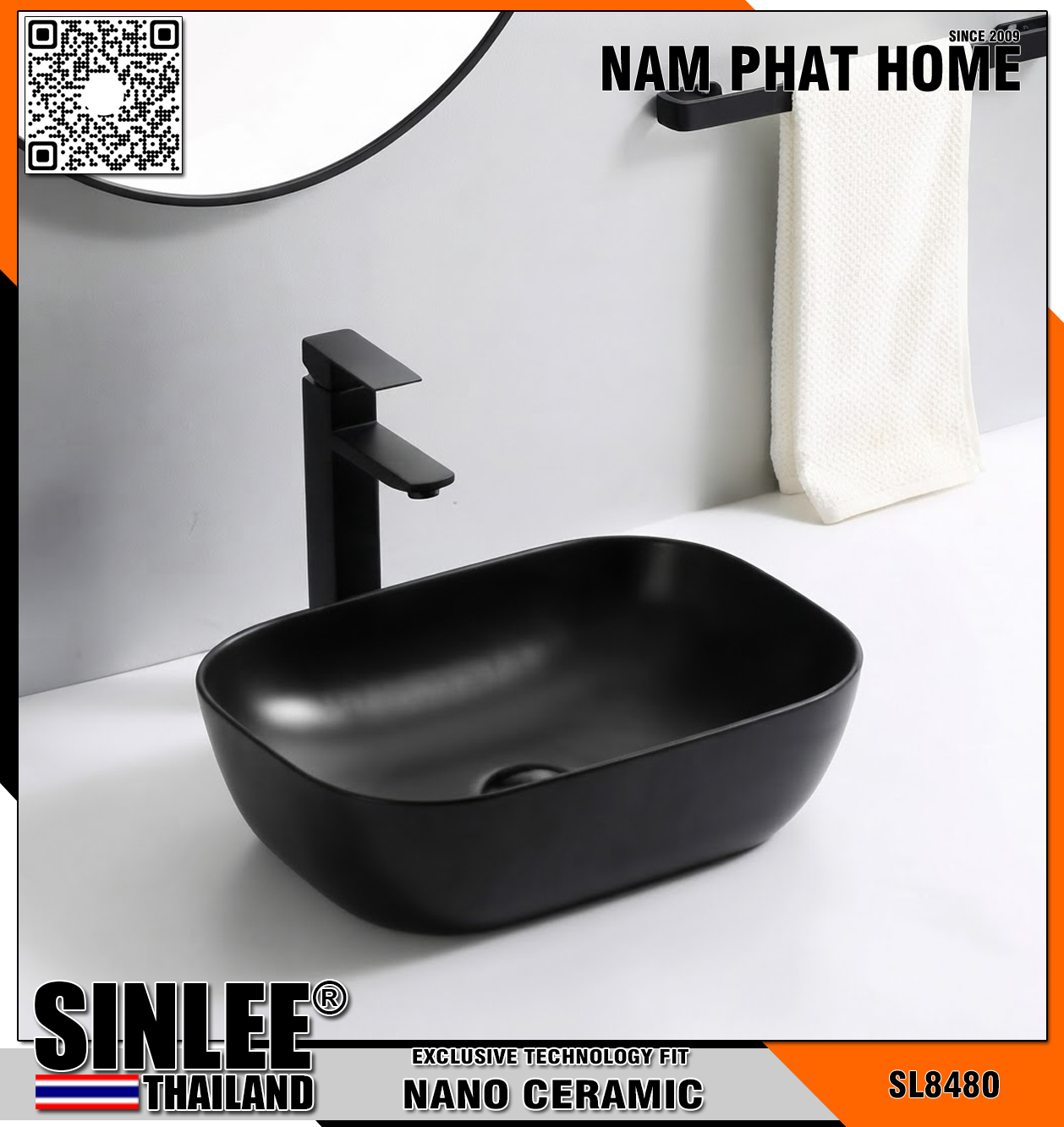 SL8480 – LAVABO SỨ ĐẶT BÀN MẠ ĐEN ORABI OVAL -SIZE 450x320mm SINLEE