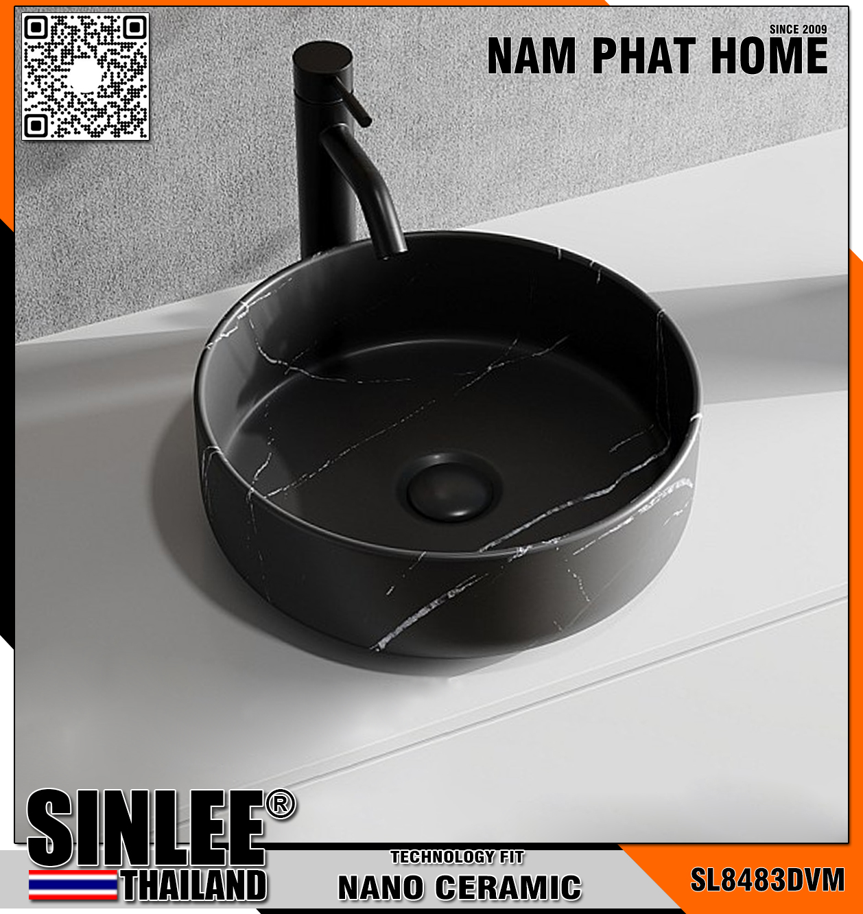 SL8483DVM – LAVABO SỨ ĐẶT BÀN TRÒN ĐEN MẠ ORABI – 410x410x130mm