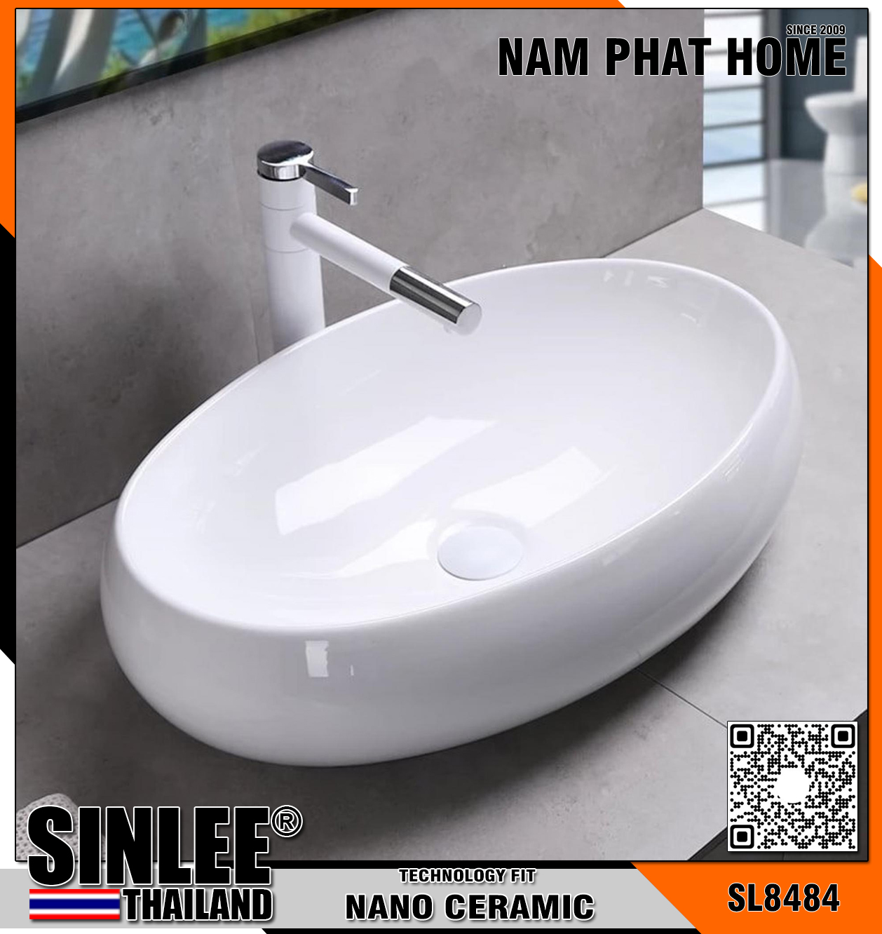 SL8484 – LAVABO SỨ ĐẶT BÀN OVAN TRẮNG SINLEE KT 600×400