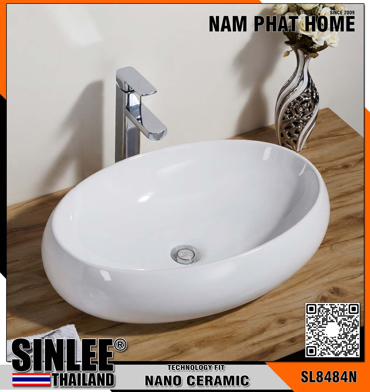 SL8484N – LAVABO SỨ ĐẶT BÀN OVAN TRẮNG SINLEE KT 475x340mm