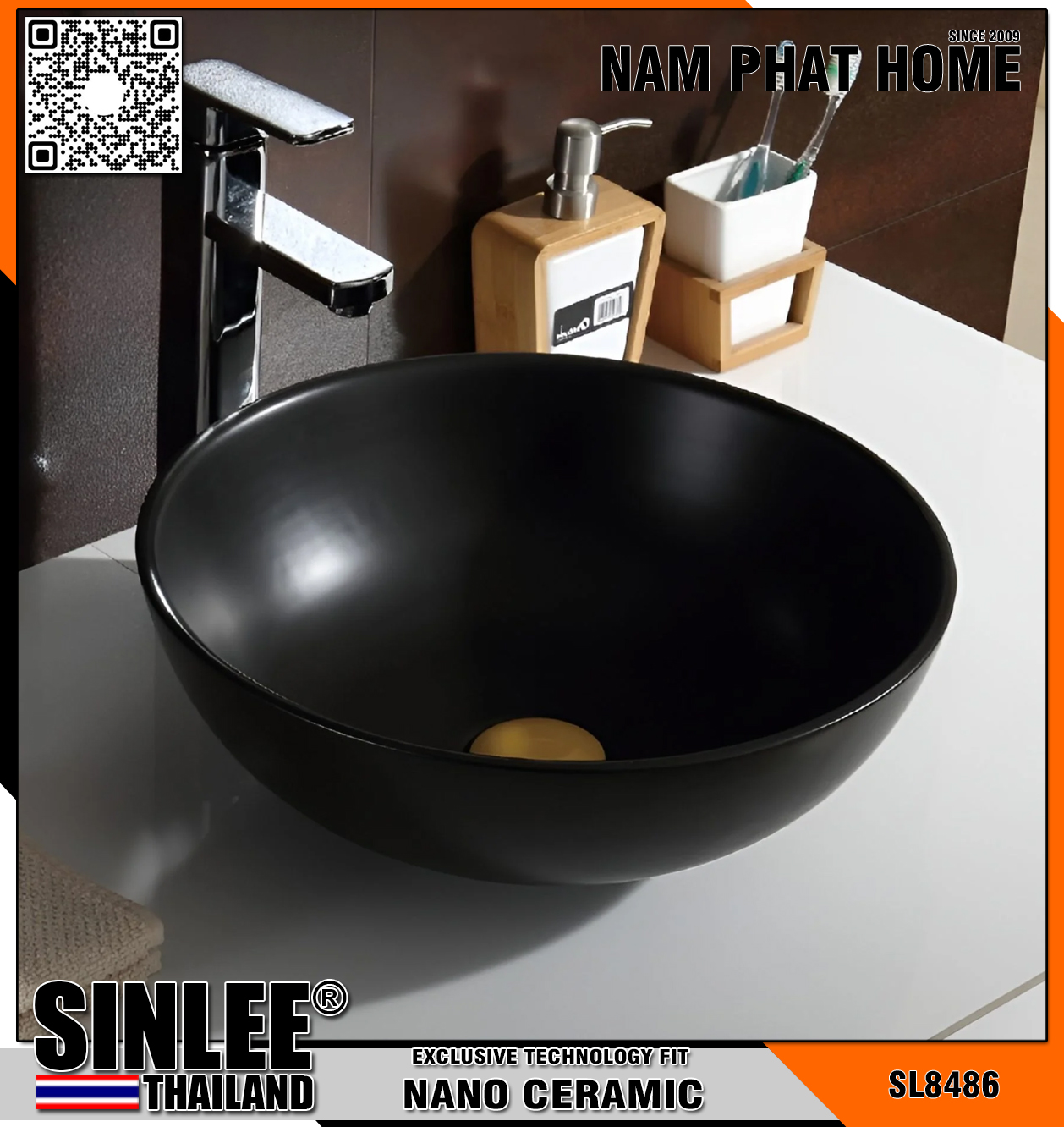 SL8486 – LAVABO SỨ ĐẶT BÀN TRÒN ĐEN MẠ ORABI - KT410x410x130mm