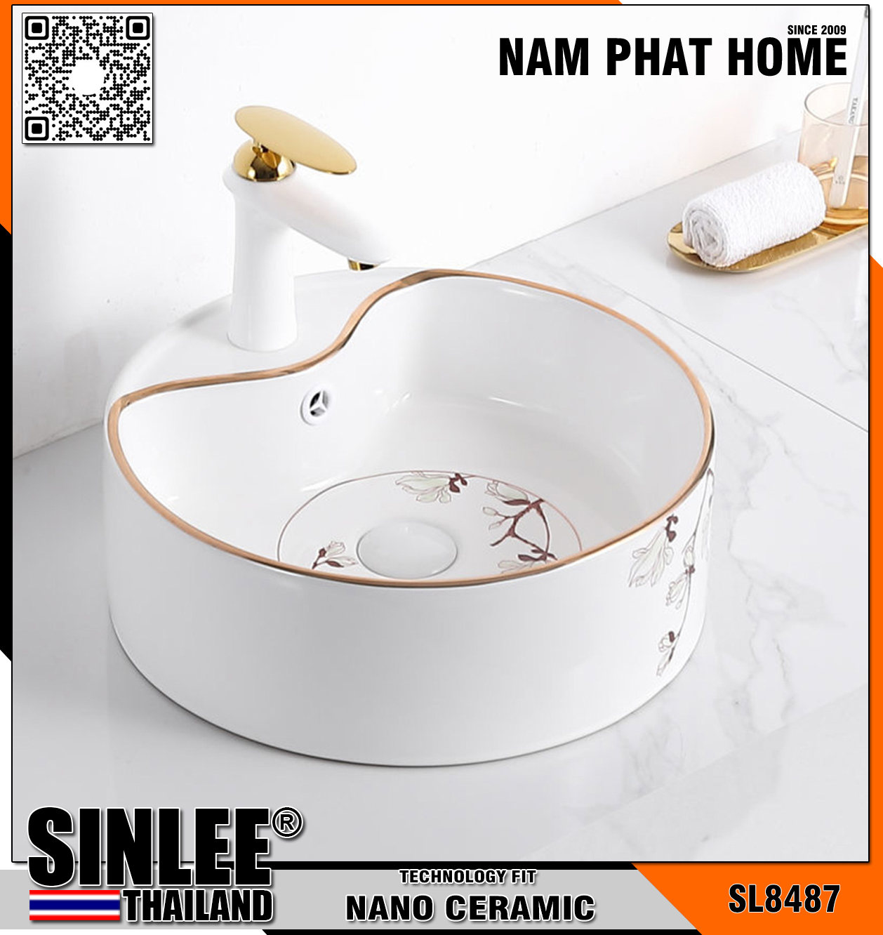 SL8487 – LAVABO SỨ TRÒN VÒI TRÊN, VIỀN VÀNG HOA VĂN - KT410x410x145mm