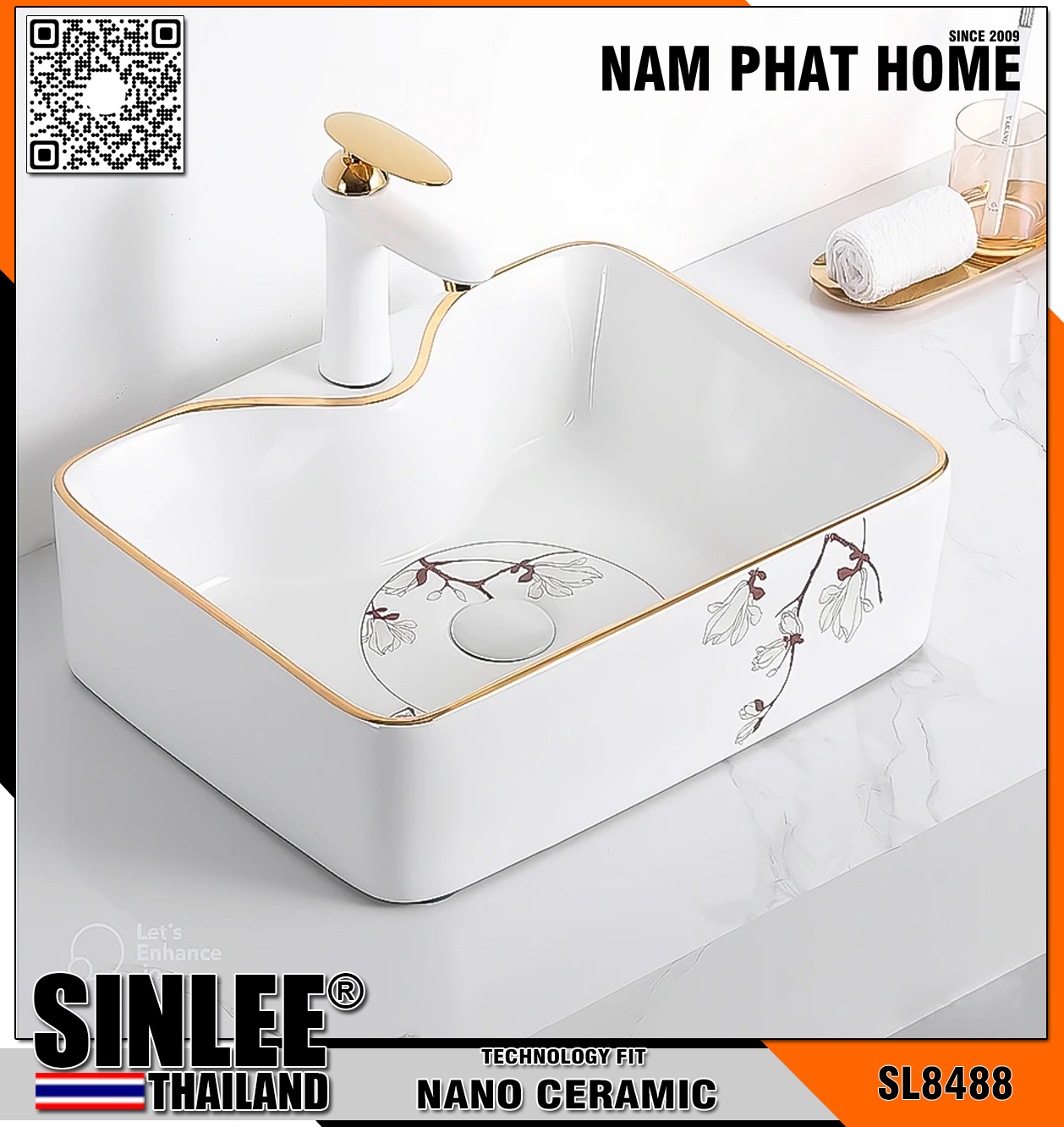 SL8488 – LAVABO SỨ VUÔNG VÒI TRÊN, VIỀN VÀNG HOA VĂN KT 480×370x135mm