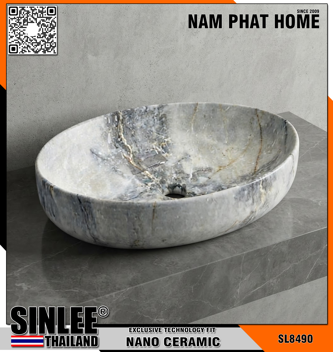 SL8490 – LAVABO SỨ ĐẶT BÀN OVAL MỸ THUẬT XÁM TRẮNG – KT 500x360x140mm