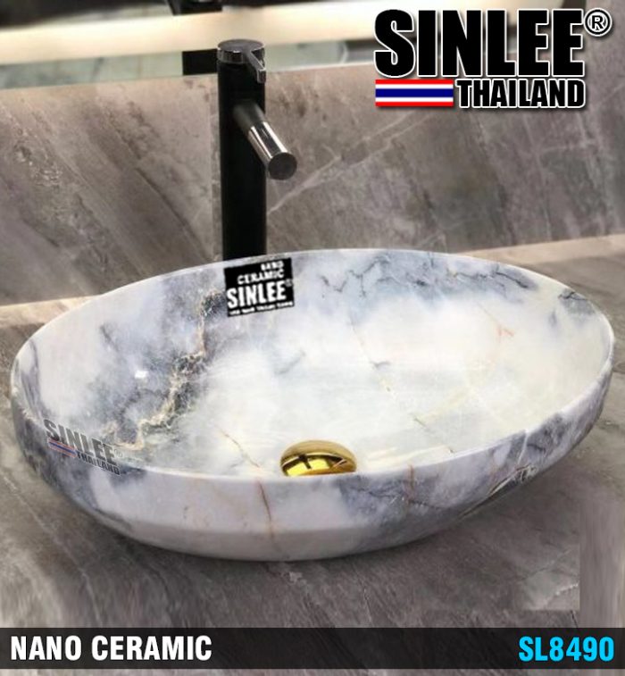 SL8490 – LAVABO SỨ ĐẶT BÀN OVAL MỸ THUẬT XÁM TRẮNG – KT 500x360x140mm