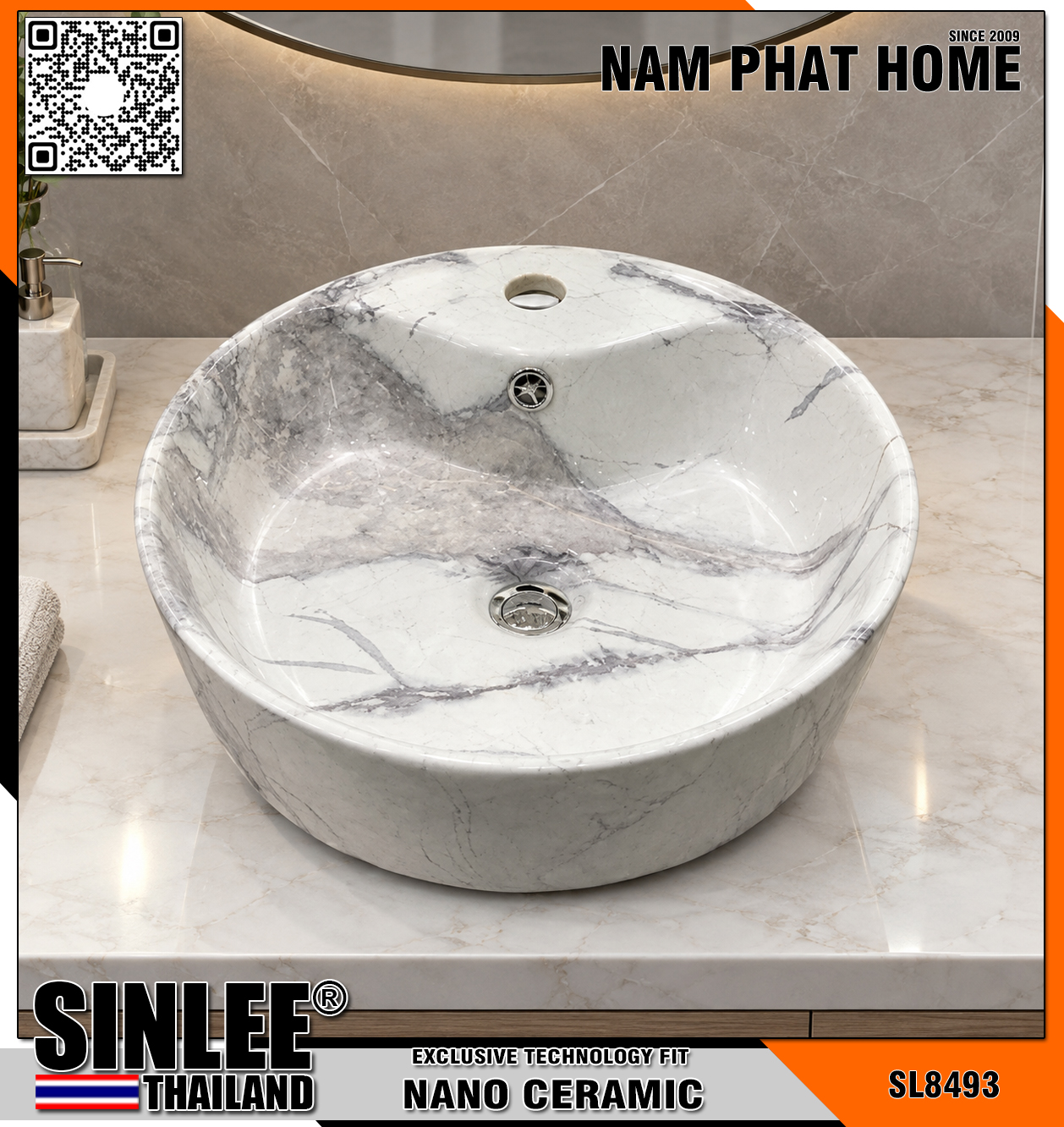 SL8493 – LAVABO SỨ ĐẶT BÀN TRÒN, VÒI TRÊN, HOA VĂN ĐÁ VÂN MÂY XÁM, SIZE 410x410x135