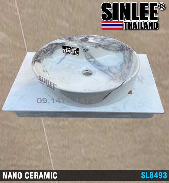SL8493 – LAVABO SỨ ĐẶT BÀN TRÒN, VÒI TRÊN, HOA VĂN ĐÁ VÂN MÂY XÁM, SIZE 410x410x135