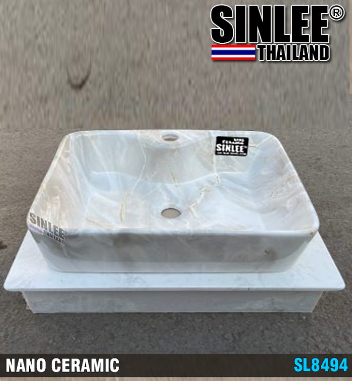 SL8494 – LAVABO SỨ ĐẶT BÀN VUÔNG,VÒI TRÊN,HOA VĂN ĐÁ VÂN MÂY XÁM,SIZE 480x370x130mm