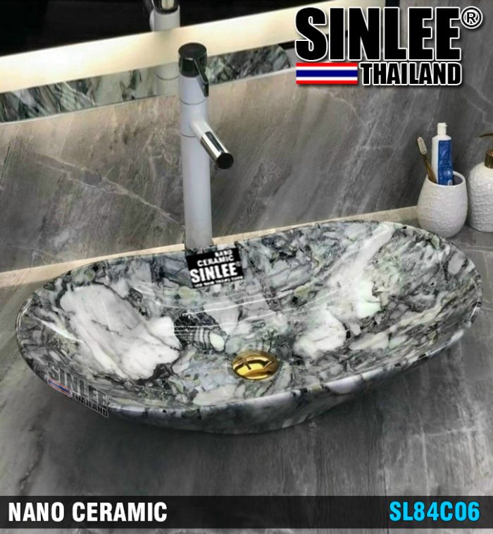 SL84C06 – LAVABO SỨ ĐẶT BÀN CẨM THẠCH TRẮNG XÁM SINLEE KT 610x360x1500mm