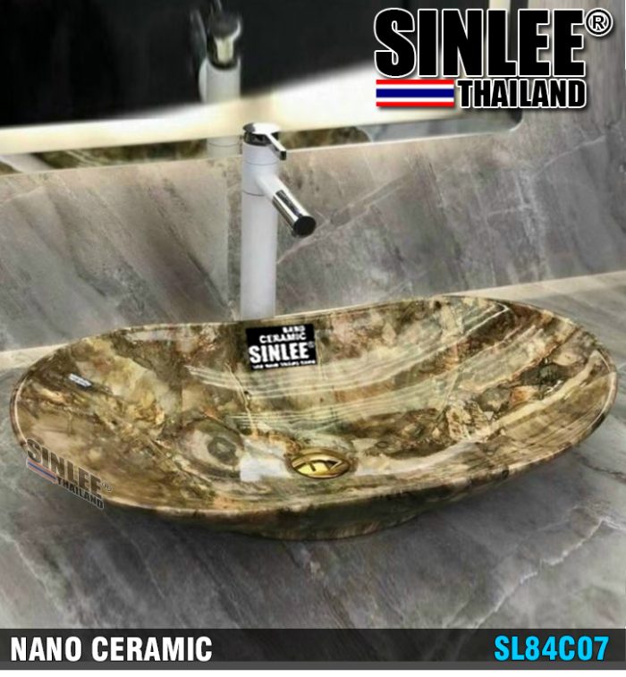SL84C07 – LAVABO SỨ ĐẶT BÀN CẨM THẠCH VÀNG XÁM, KT 610x360x150mm