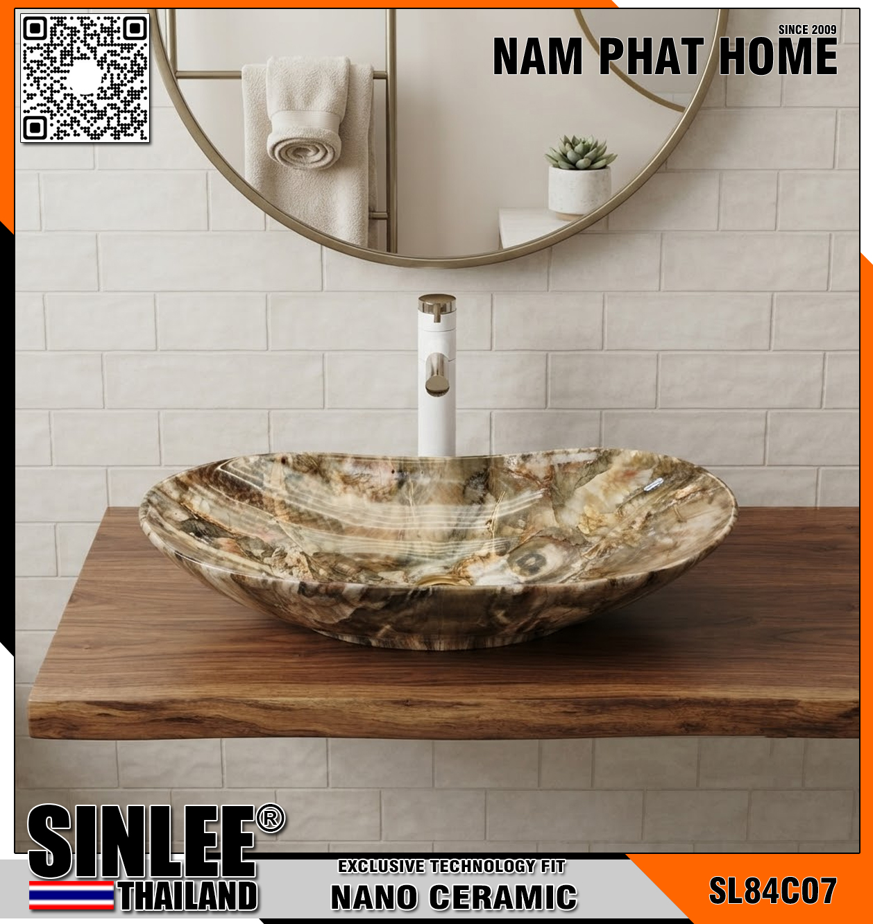 SL84C07 – LAVABO SỨ ĐẶT BÀN CẨM THẠCH VÀNG XÁM, KT 610x360x150mm