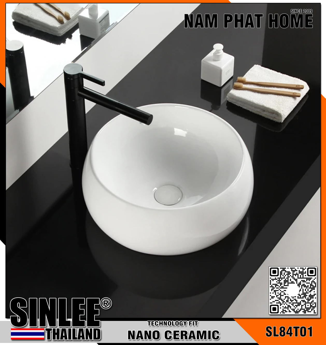 SL84T01 – LAVABO SỨ ĐẶT BÀN TRÒN TRẮNG SIZE 410x410x155mm SINLEE