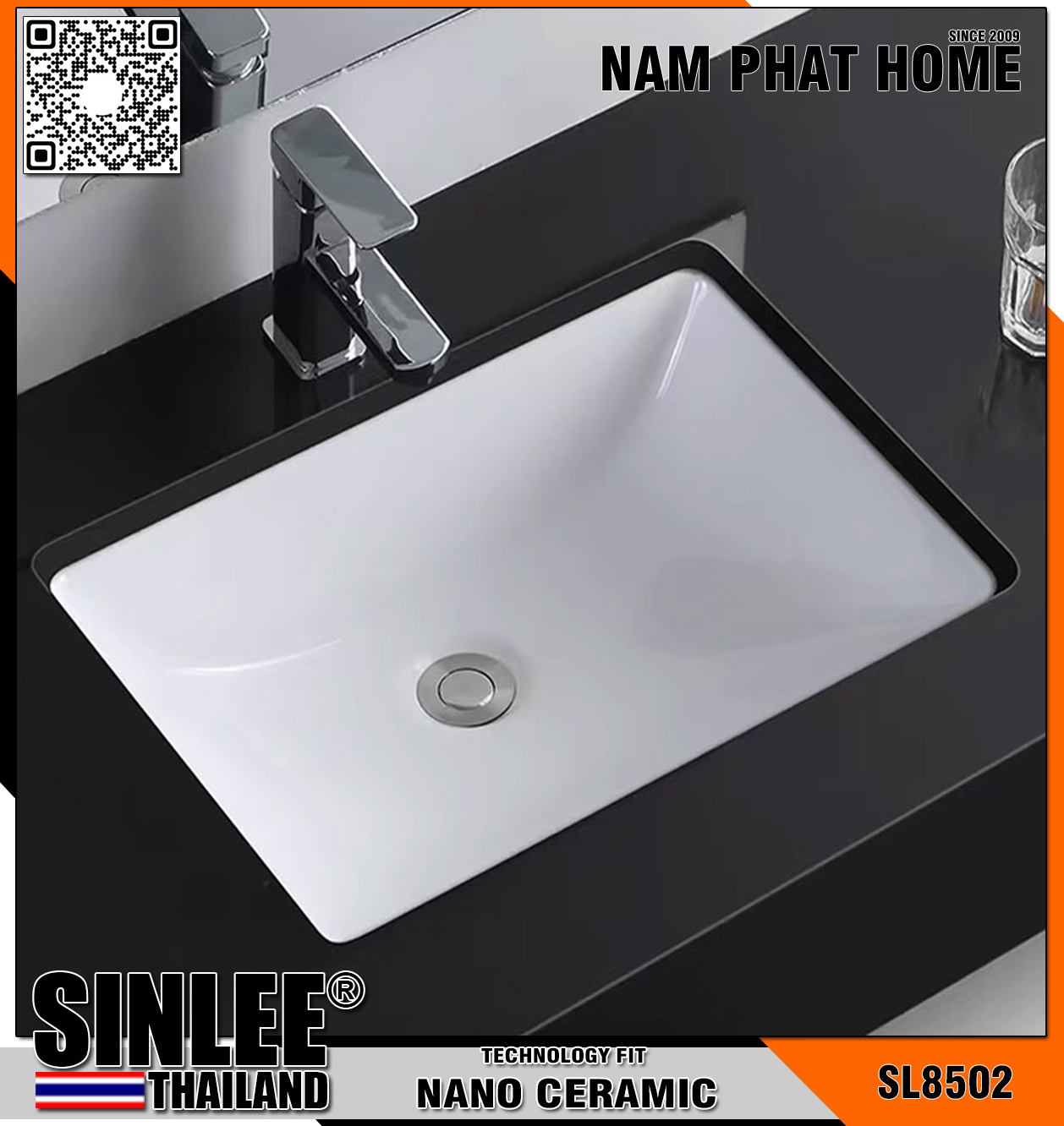SL8502 – CHẬU SỨ RỬA MẶT ÂM BÀN ĐÁ CHỮ NHẬT SINLEE, SIZE 505x365x200mm