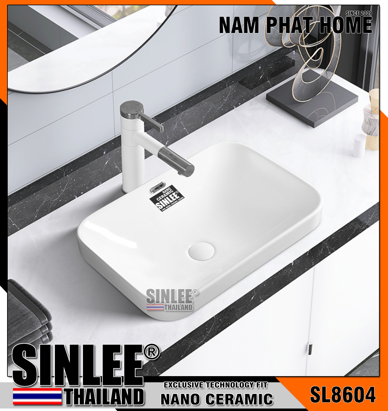 SL8604 – CHẬU SỨ RỬA MẶT DƯƠNG VÀNH VUÔNG SINLEE