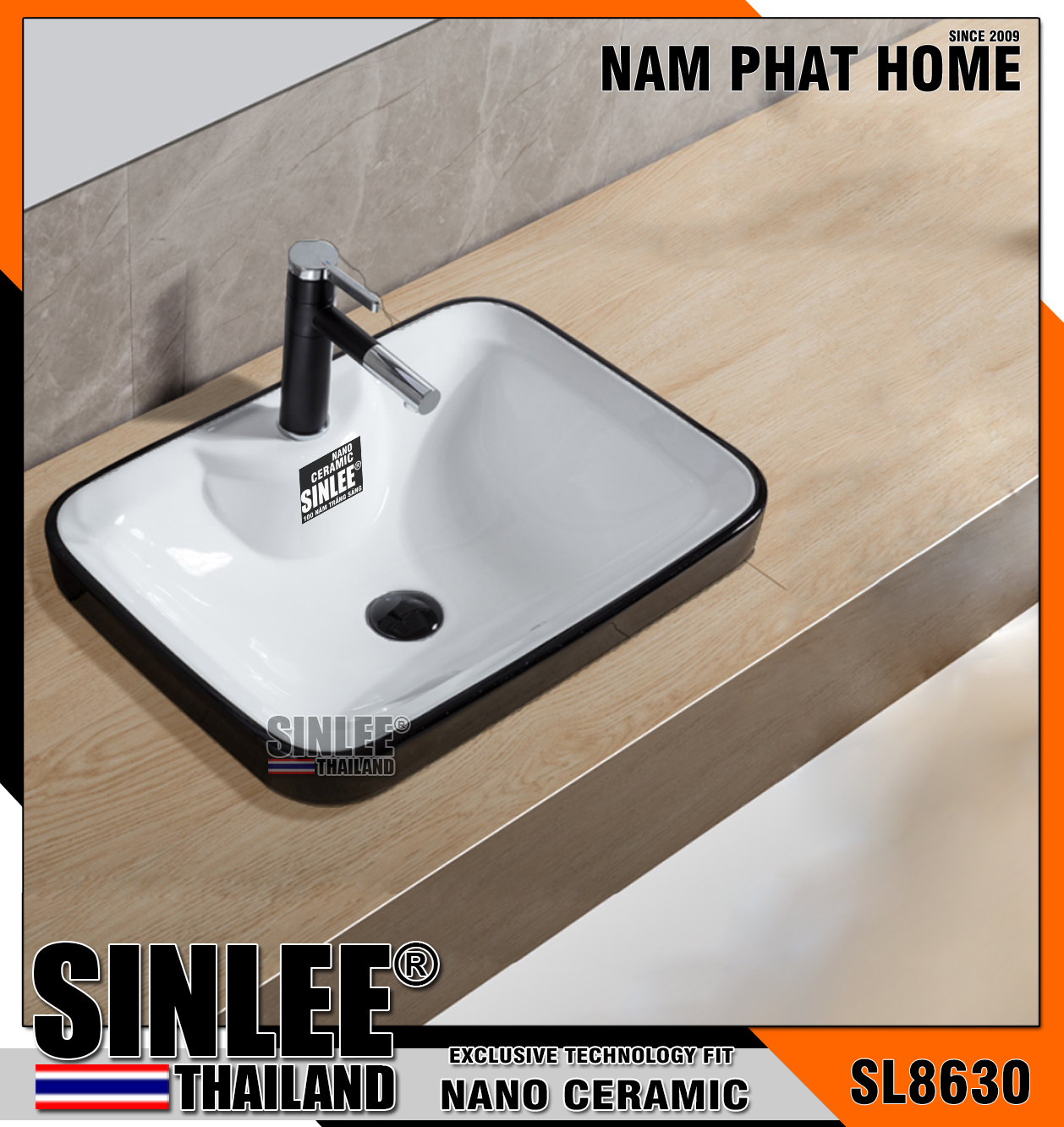 SL8630 – LAVABO SỨ DƯƠNG VÀNH VUÔNG ĐEN SINLEE