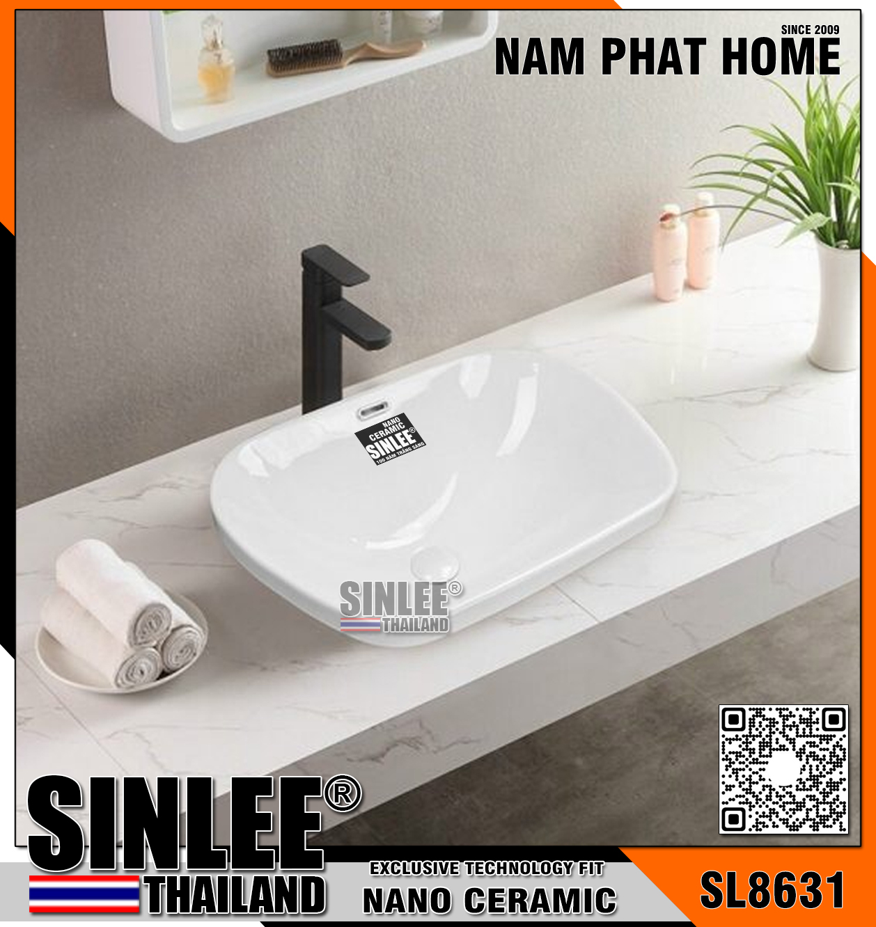 SL8631 – LAVABO SỨ DƯƠNG VÀNH VUÔNG TRẮNG SINLEE