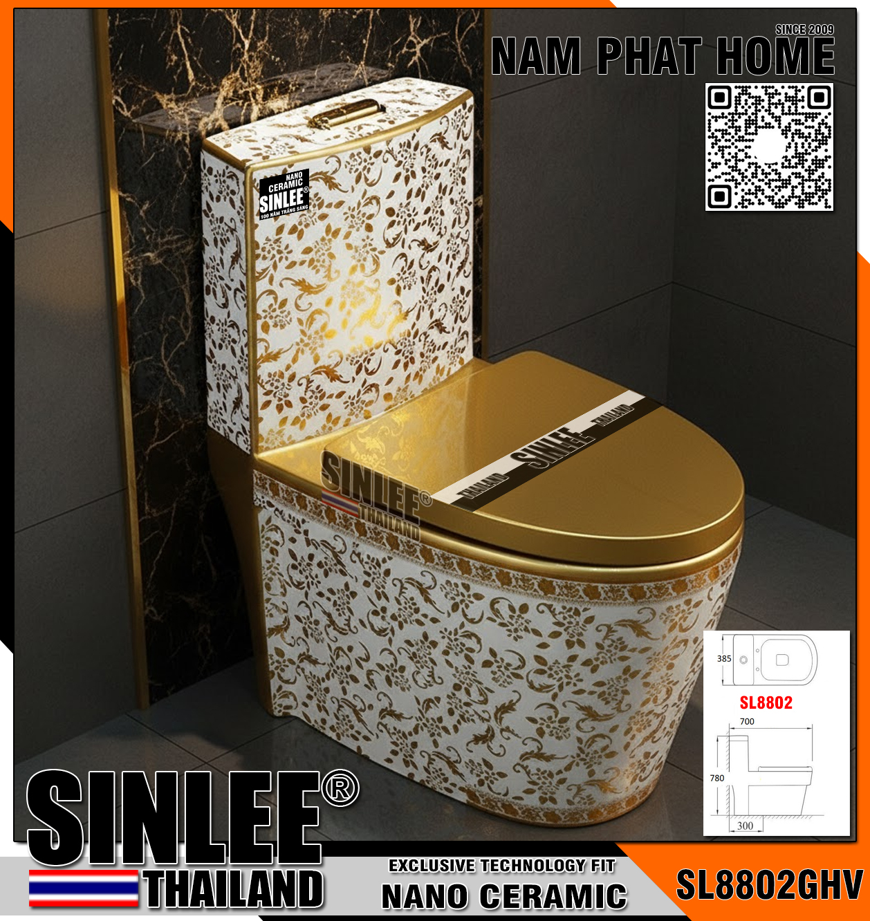 SL8802GHV – Bồn cầu 1 khối  màu vàng hoa văn Sinlee   (1)