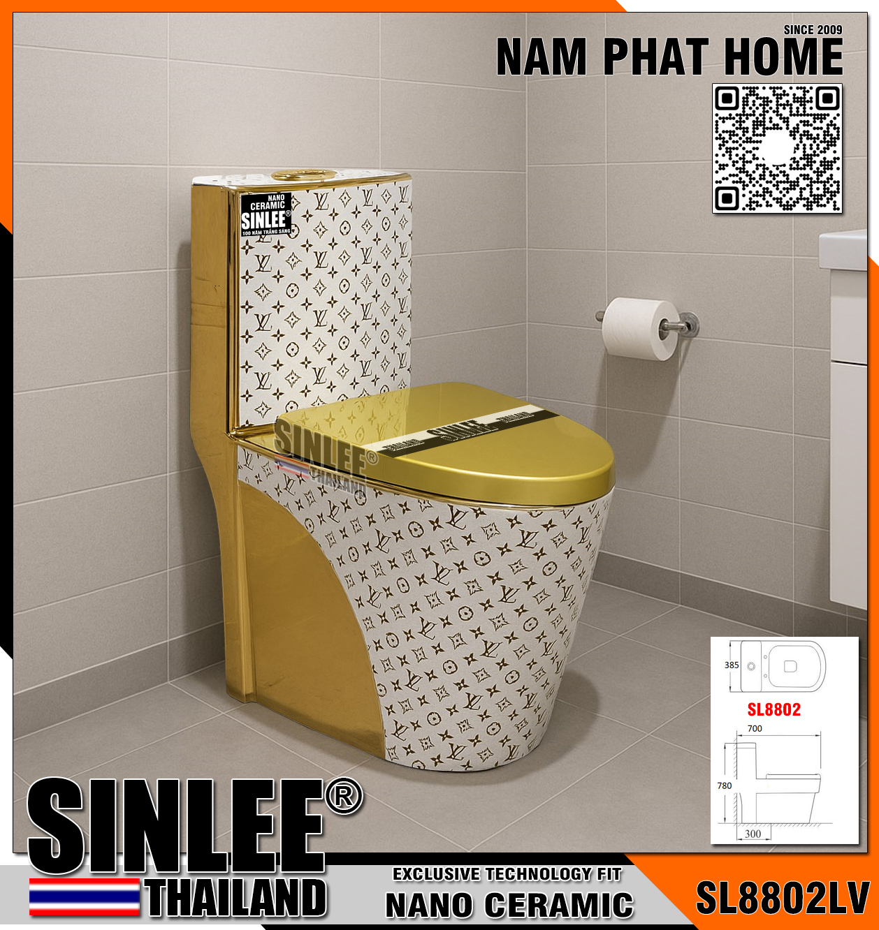 SL8802LV – Bồn cầu 1 khối  màu vàng hoa văn LV Sinlee  