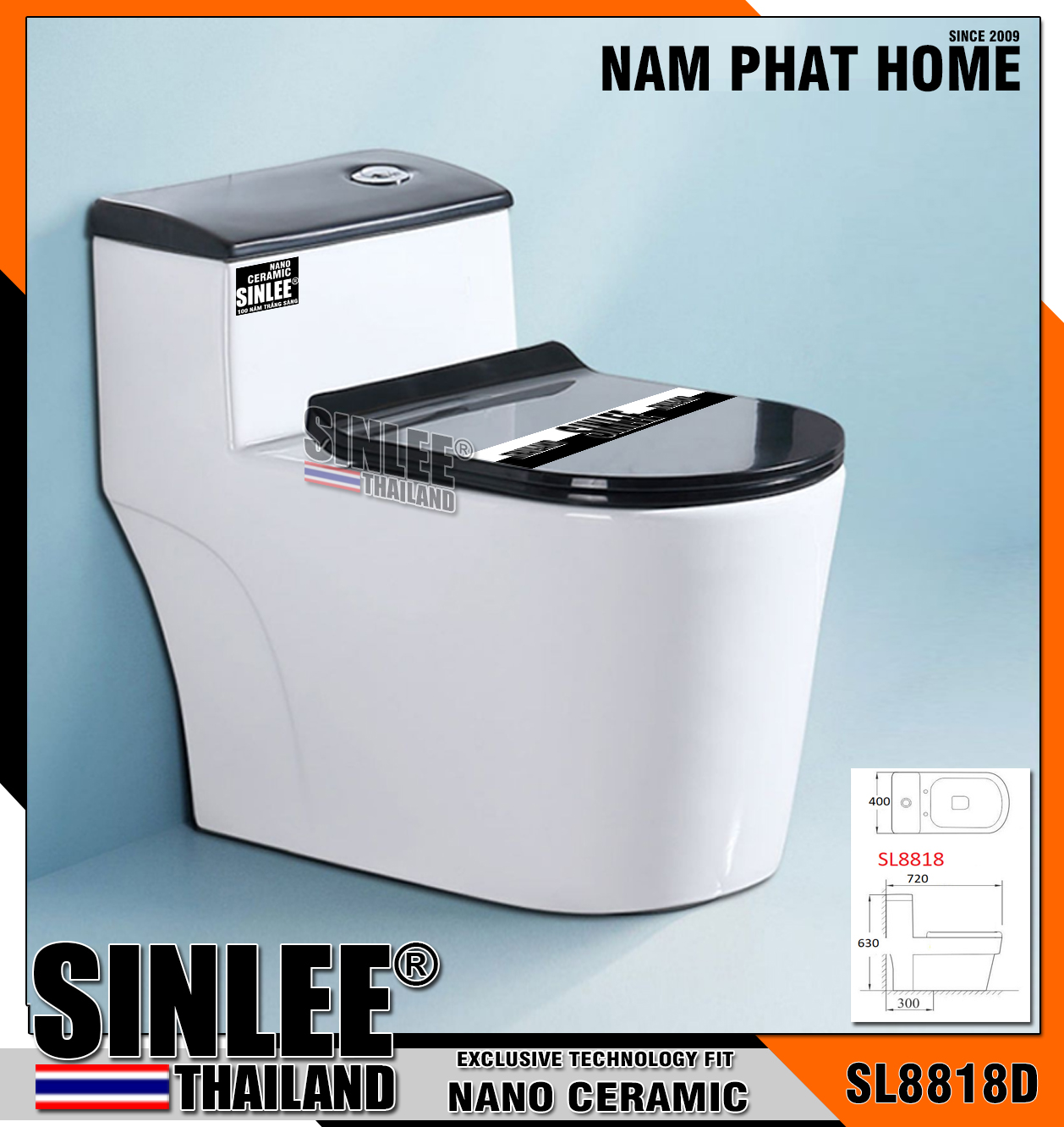 SL8818D – BỒN CẦU MỘT KHỐI TRẮNG NẮP ĐEN SINLEE (1)