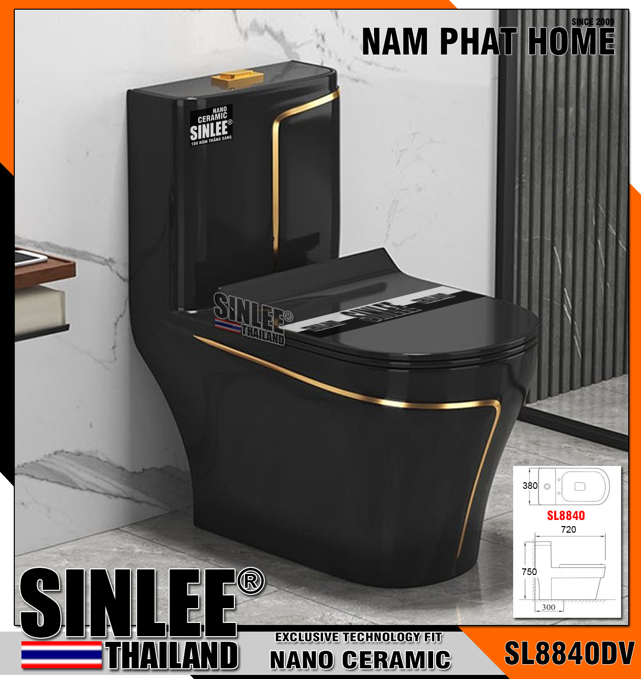 SL8840DV – Bồn cầu một khối màu đen viền vàng Sinlee (1)