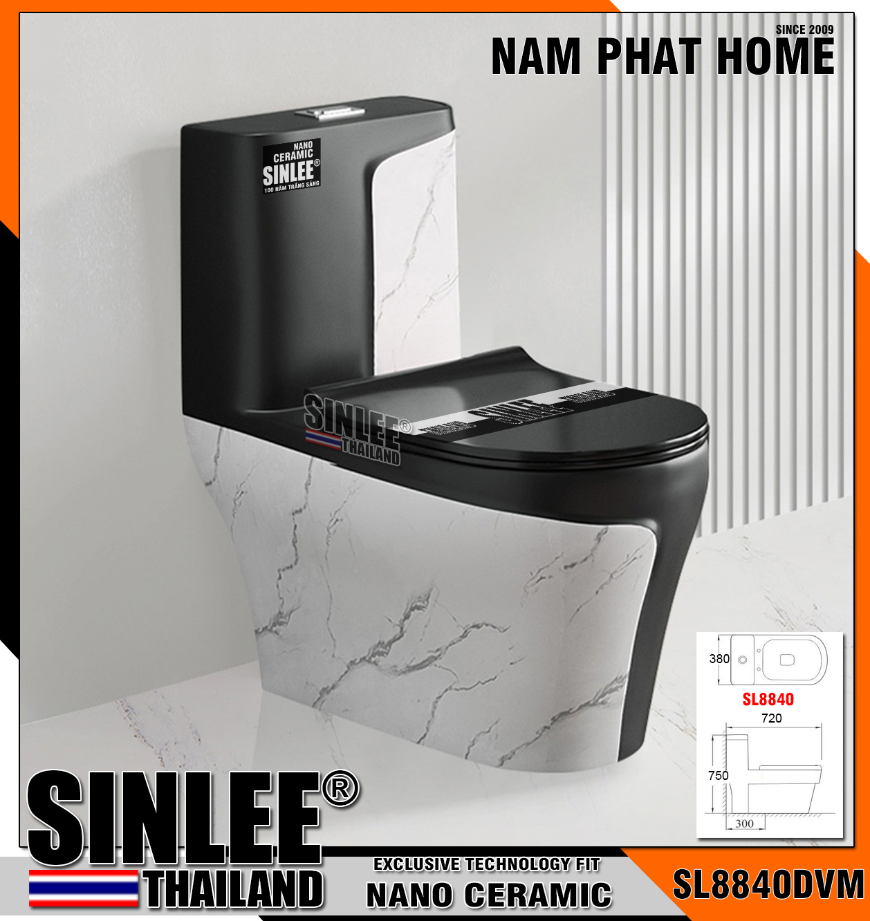 SL8840DVM – Bồn cầu một khối màu đen vân mây trắng Sinlee (1)