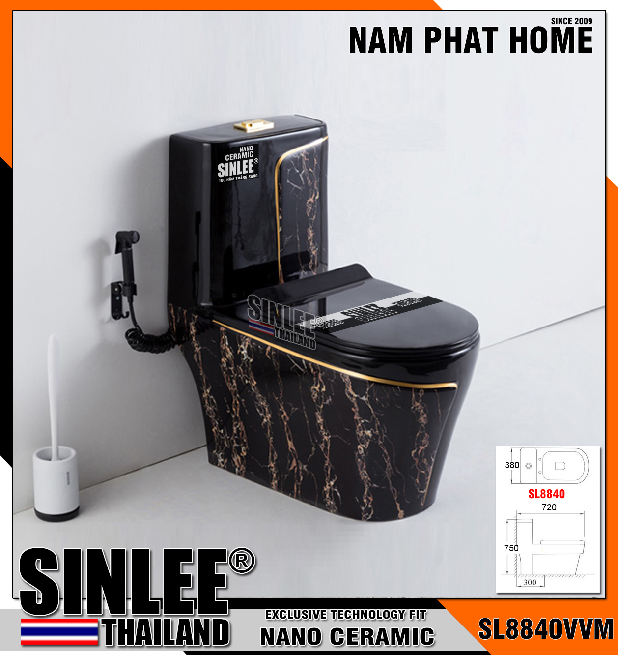 SL8840VVM – Bồn cầu một khối màu đen vân mây vàng Sinlee (1)