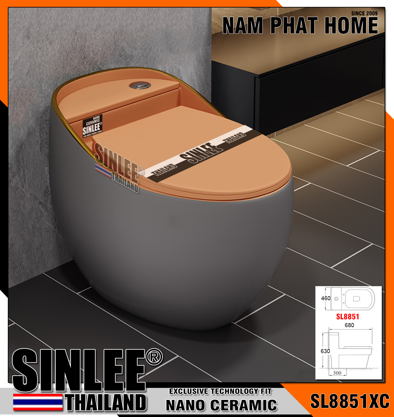SL8851XC – Bồn cầu trứng màu xám nắp cam Sinlee (1)