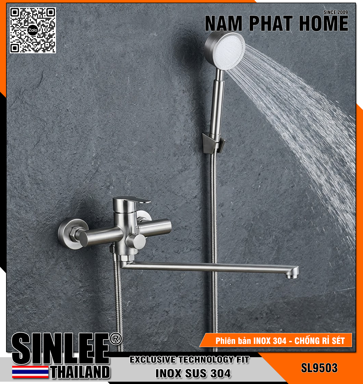 SL9503 – VÒI SEN BỒN TẮM SINLEE, CẦN DÀI TAY SEN INOX 