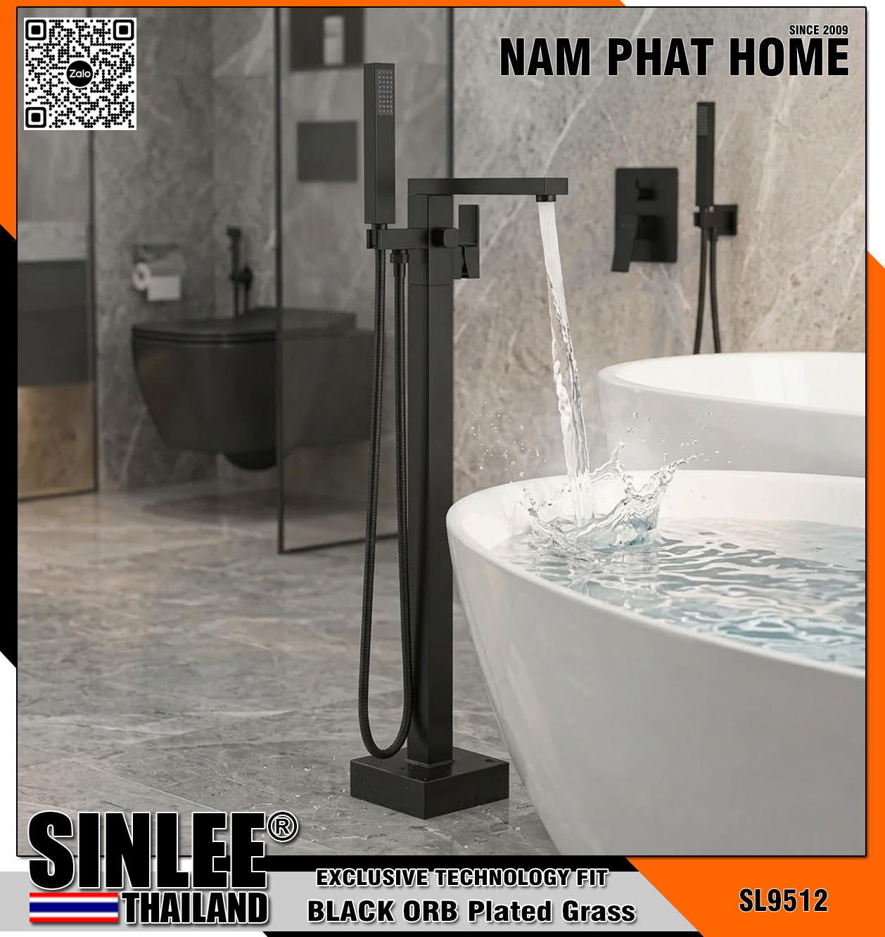 SL9512 – SEN CÂY BỒN TẮM SINLEE, MẪU VUÔNG ĐEN MẠ ORABI