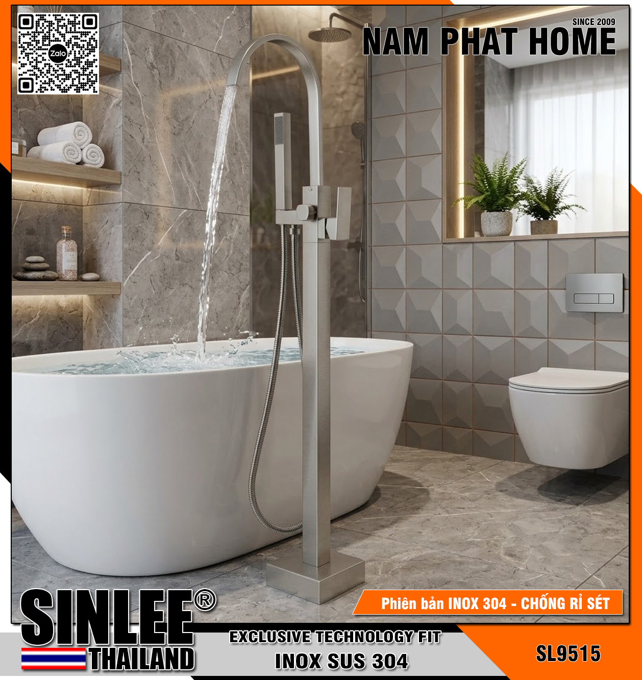 SL9515 – SEN CÂY BỒN TẮM SINLEE, MẪU VUÔNG INOX MỜ