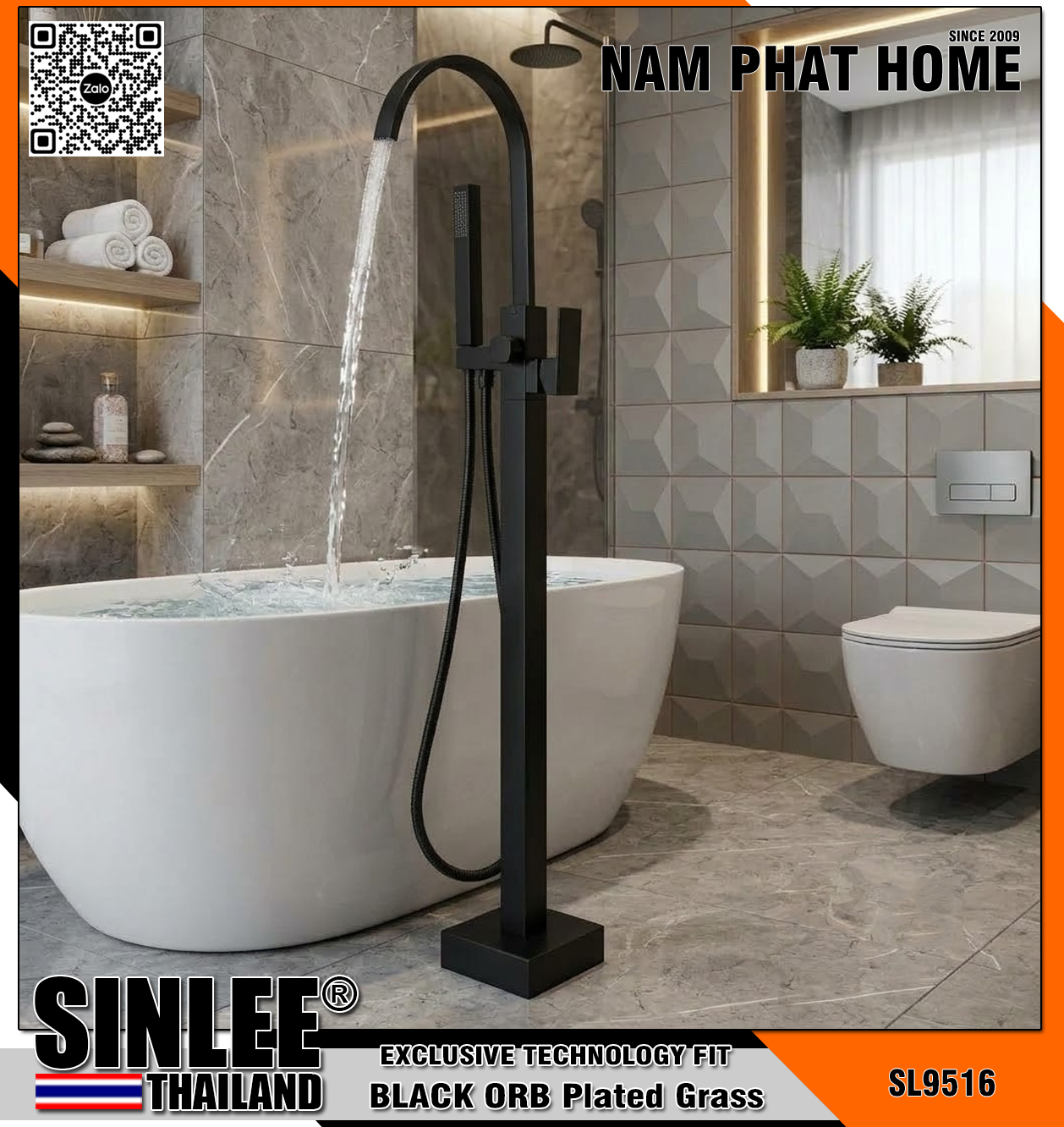 SL9516 – SEN CÂY BỒN TẮM SINLEE, MẪU VUÔNG ĐEN INOX 