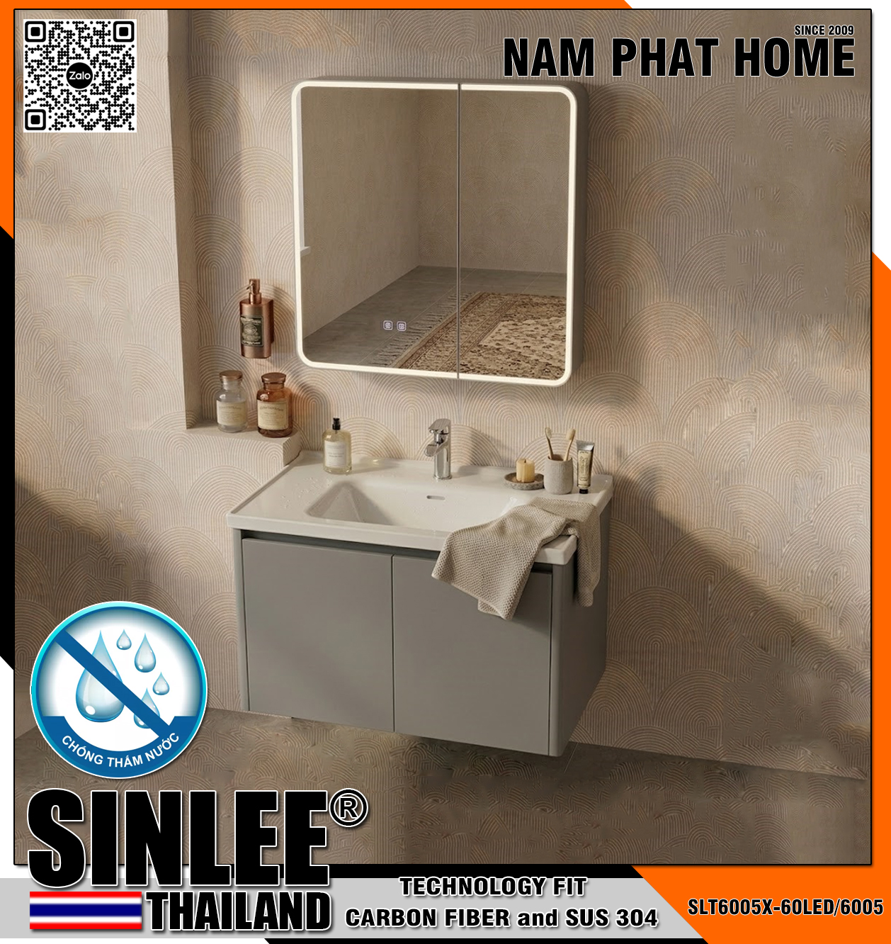 SLT6005X-60LED/6005 Bộ tủ lavabo khung inox +Pvc chống thấm, , Màu xám , Size 600x480mm (1)