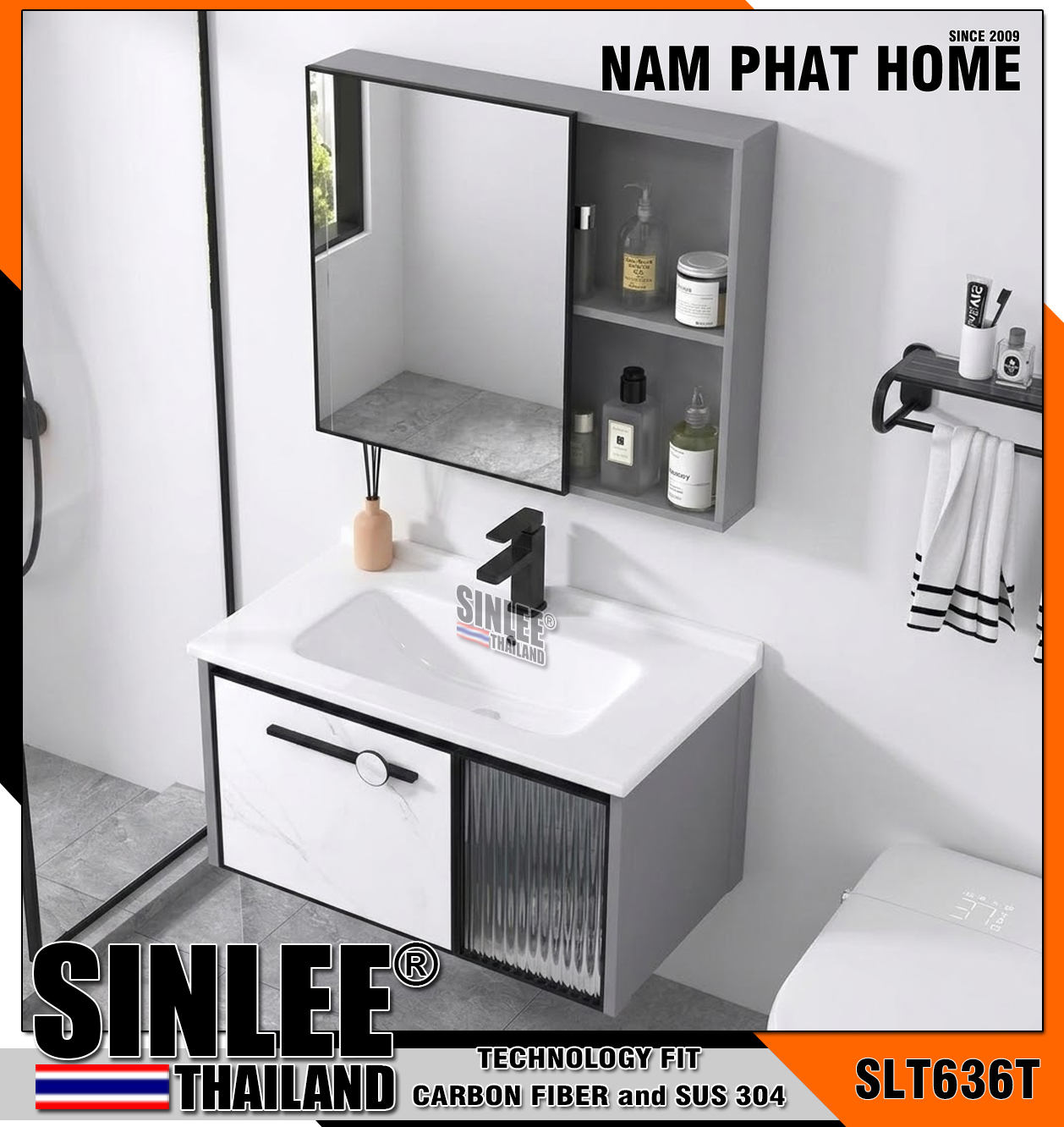 SLT636T-60 – BỘ TỦ LAVABO CARBON FIBER SINLEE - SIZE 600x480mm MÀU TRẮNG CÁNH KÍNH