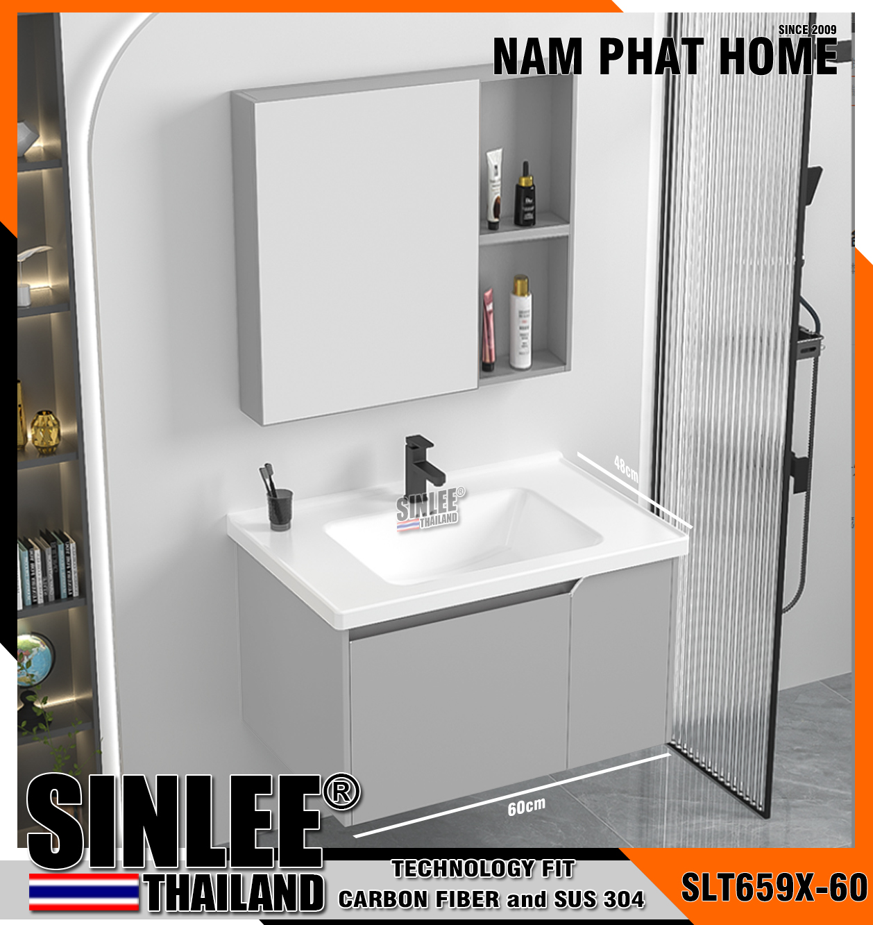 TTN4601 - LAVABO TỦ FIBER CARBON, SIZE 600mmm - 60CM ( MÃ CŨ : SLT659X-60 )
