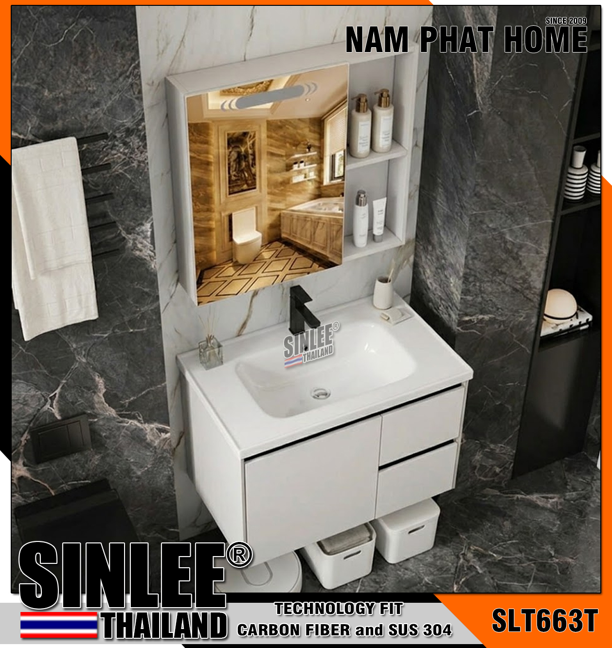 SLT663T - LAVABO TỦ SINLEE, HỢP KIM NHÔM CHỐNG THẤM, 1 CÁNH MỞ, 2 HỘC KÉO , TỦ GƯƠNG CÓ LED SINLEE - 60CM