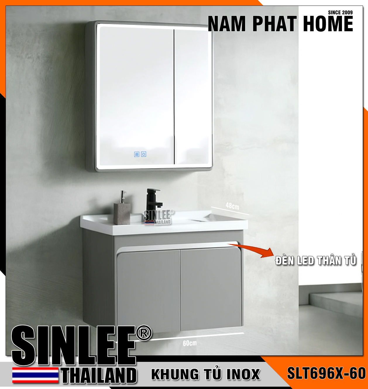 SLT696X-60LED - LAVABO TỦ SINLEE, KHUNG TỦ INOX CHỐNG THẤM