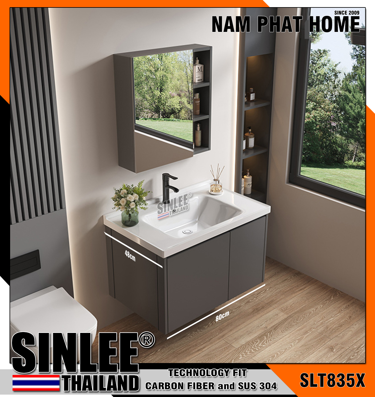 SLTD835X-8048 -  LAVABO TỦ SINLEE, NHỰA PVC CHỐNG THẤM MÀU XÁM, TỦ GƯƠNG HỘP