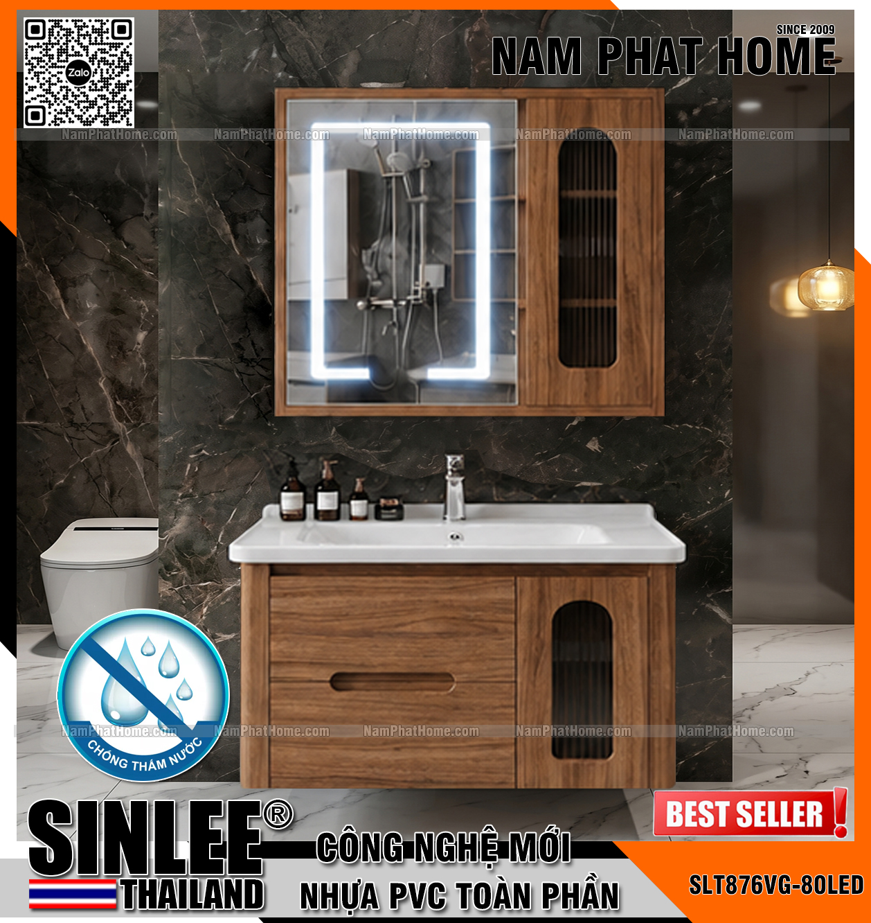 SLT876VGF12-80LED, Bộ tủ lavabo Pvc, Bo cong, Tủ gương led, Màu Vân Gỗ  , Size 800x480mm