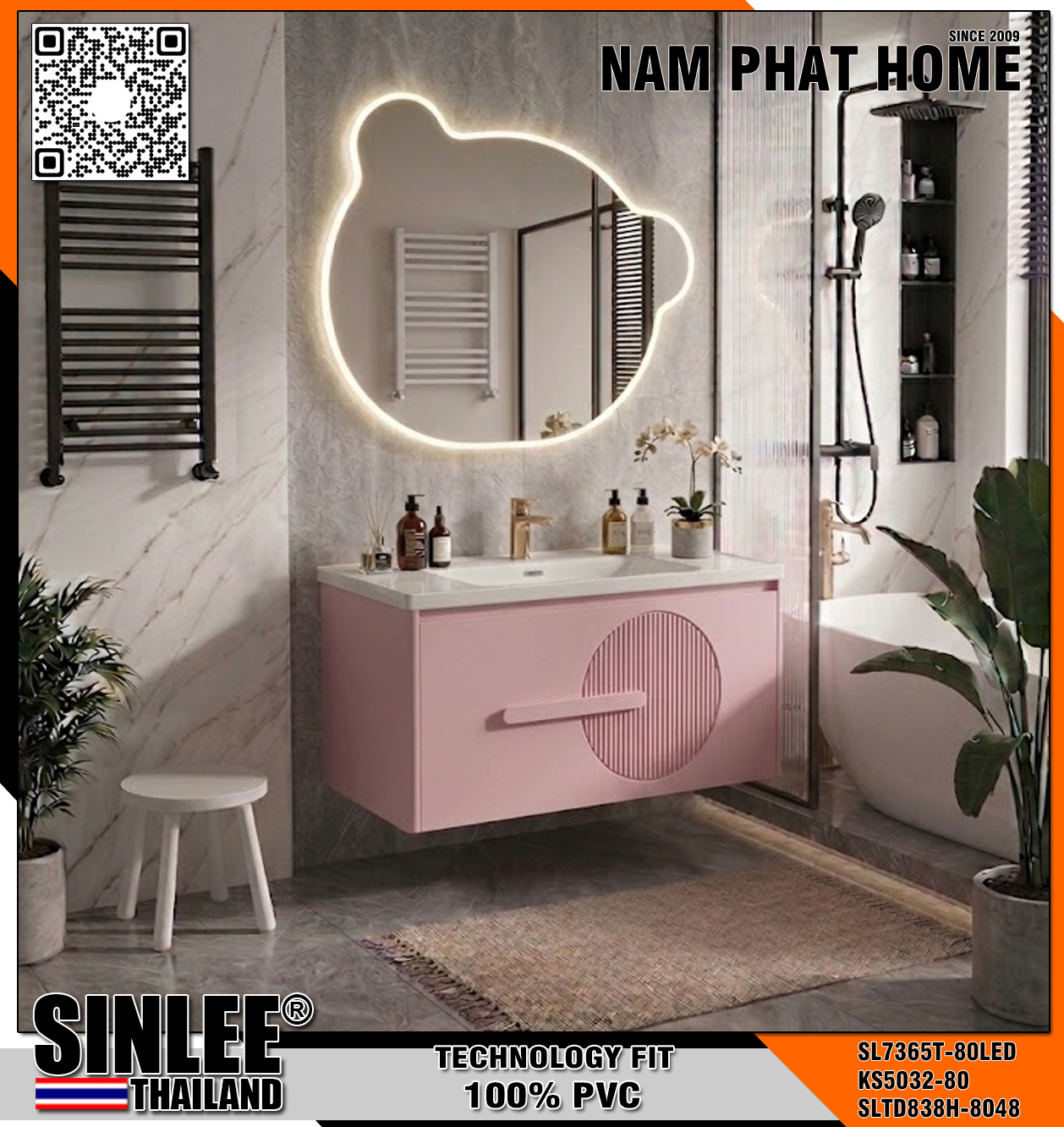 SLTD838H-8048 -  LAVABO TỦ SINLEE, NHỰA PVC CHỐNG THẤM, MÀU KEM,  GƯƠNG LED SL7365T - 80cm