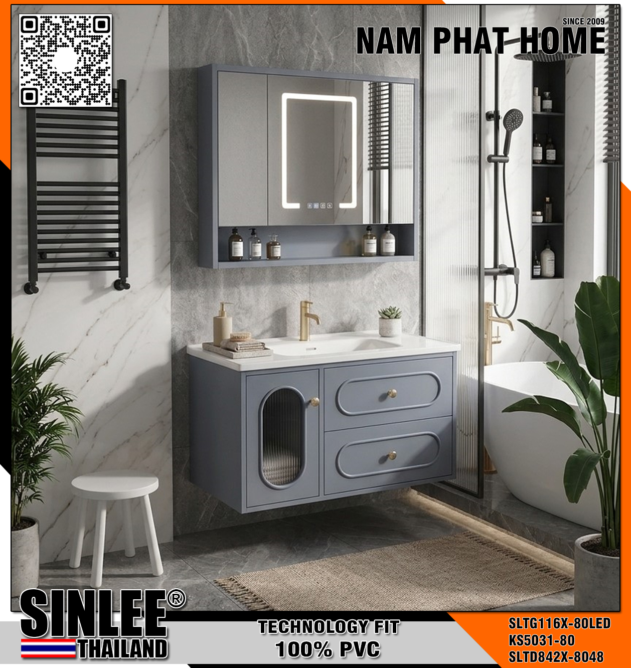 SLTD842X-8048 -  LAVABO TỦ SINLEE, NHỰA PVC CHỐNG THẤM, MÀU XÁM, TỦ GƯƠNG LED SLTG116X-80LED - 80cm