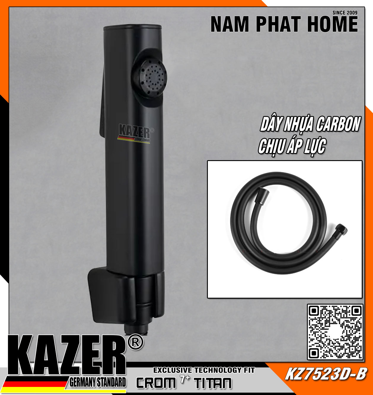 KZ7523D-B – VÒI XỊT VỆ SINH MÀU ĐEN CAO CẤP, DÂY CARBON CHỊU ÁP LỰC CAO