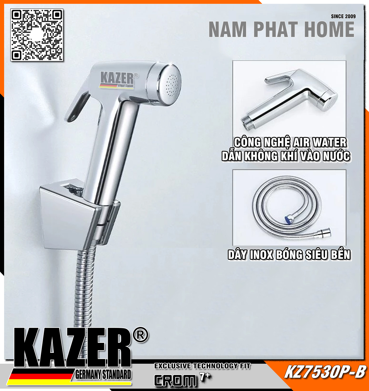 KZ7530P-B – VÒI XỊT VỆ SINH CAO CẤP, DÂY INOX 304  MẠ CROME 7 LỚP  CHỐNG XOẮN DÂY
