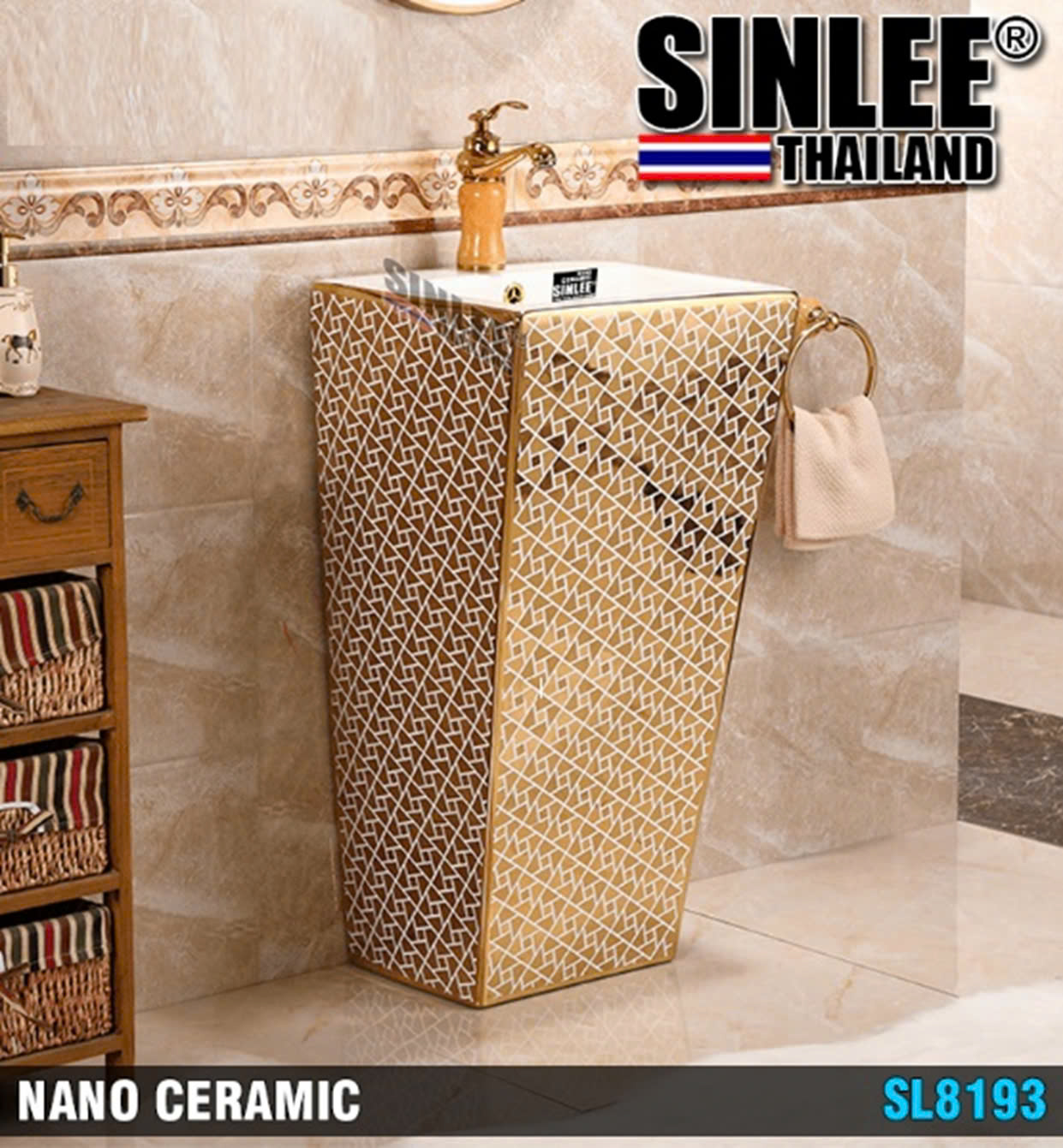 SL8193 – LAVABO SỨ KHỐI ĐỨNG VUÔNG MẠ VÀNG PVD