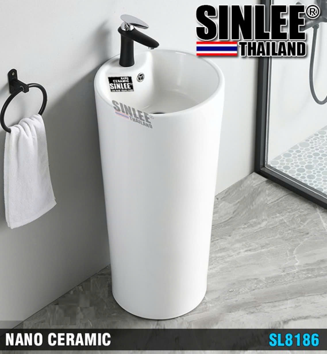 SL8186 – LAVABO SỨ TRỤ ĐỨNG LIỀN KHỐI TRÒN TRẮNG