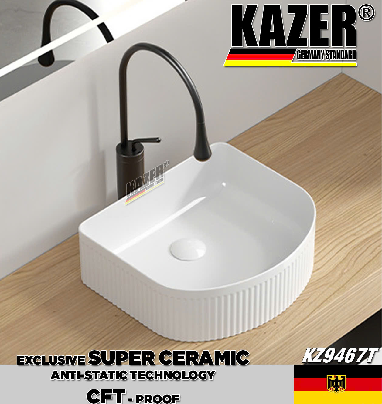 KZ9467T – LAVABO SỨ ĐẶT BÀN KAZER GERMANY MÀU TRẮNG, SIZE 400X350X130mm